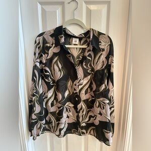 CAbi Black and Cream Leaf Print Blouse